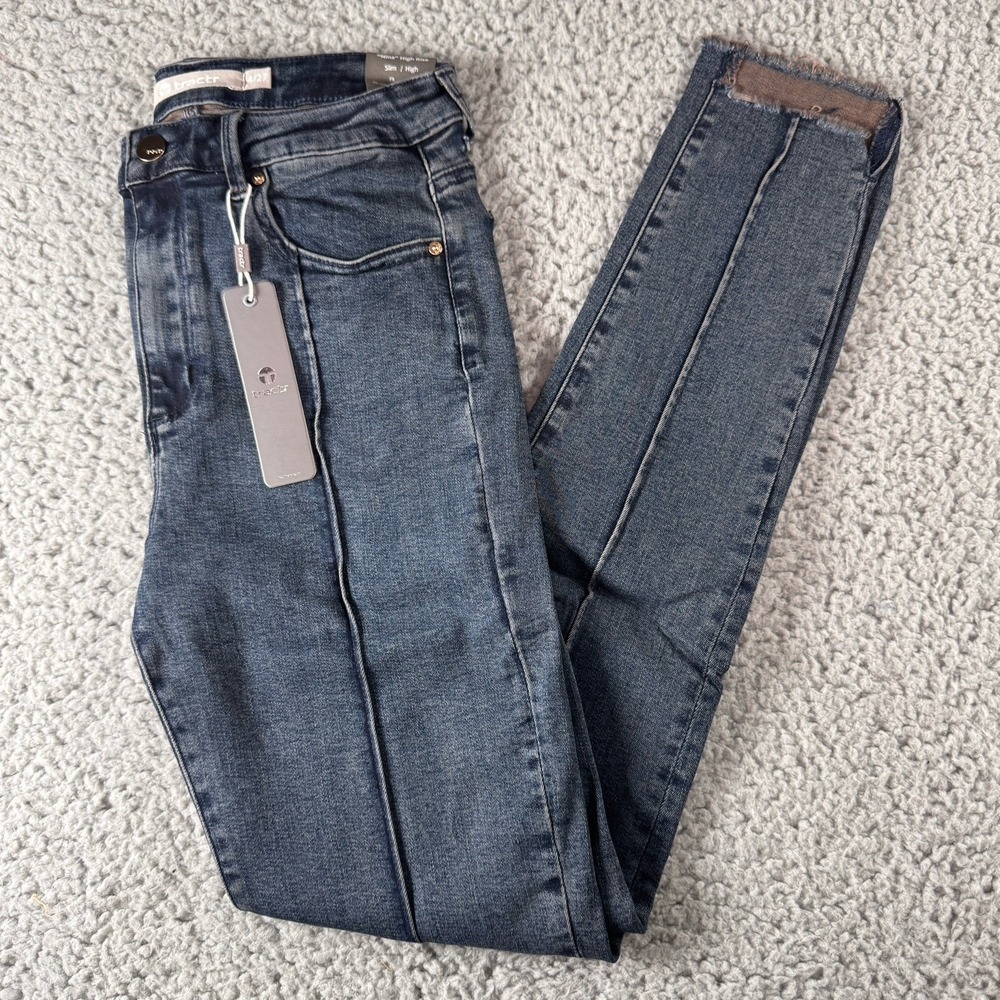 Tractr Nina High Rise Indigo Dyed Ribbed Distressed Dark Blue Jeans Sz‎ 4/27 NWT